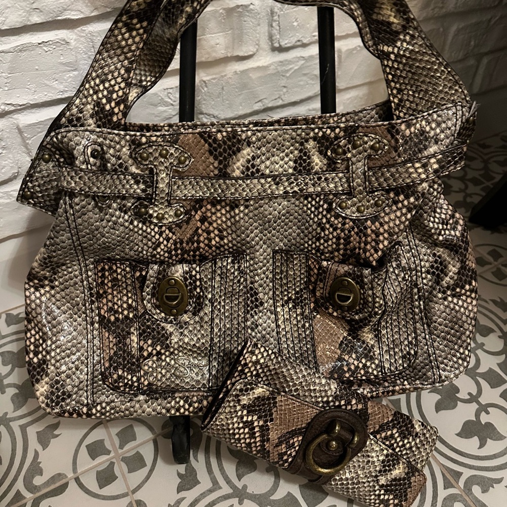 Jessica Simpson Brown Snakeskin Shoulder Bag + Wallet